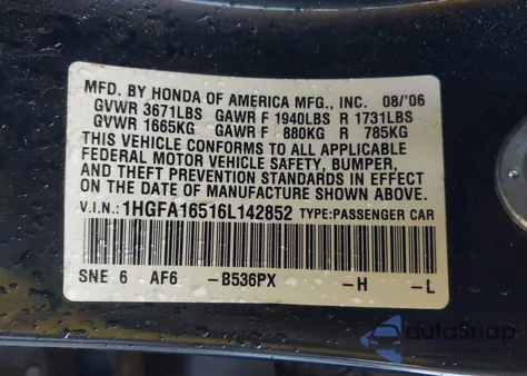 2006 Honda Civic Lx z USA, uszkodzony, nr VIN 1HGFA16516L142852